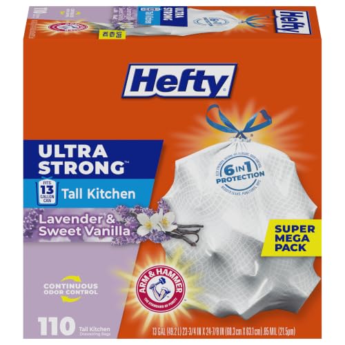 Hefty Ultra Strong 13 Gal Kitchen Trash Bags, Lavender Vanilla, 110ct | Bulk Pack, 13G Tall White Trash Bags with Drawstrings for Kitchen, Resists Leaks, Punctures, Rips, Continuous Odor Control