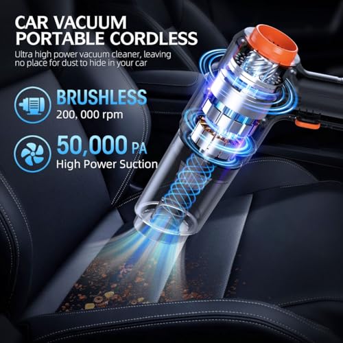 Car Vacuum Portable Cordless, 50000Pa High Power Brushless Motor, Rechargeable Handheld Vacuum with 2 Batteries & Charger, 6-in-1 Vacuum Cleaners for Home, Pet Hair & Keyboard, Ink Black