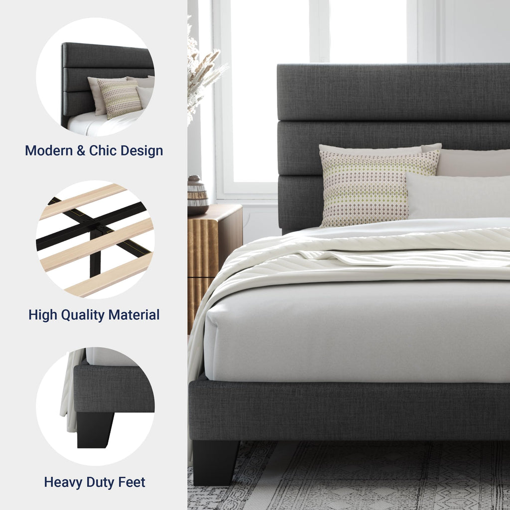 Allewie Queen Size Platform Bed Frame with Fabric Upholstered Headboard | Wooden Slats Support, Fully Upholstered Mattress Foundation, No Box Spring Needed, Easy Assembly, Noise-Free, Dark Grey