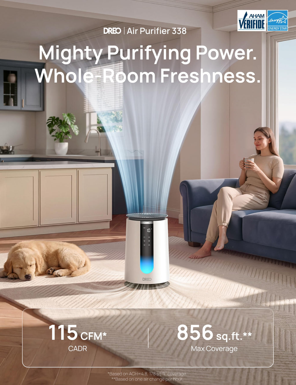 DREO Air Purifier for Home, HEPA Sleep Mode, AHAM VERIFIDE Air Purifiers for Bedroom, Pets, Smoke, Dust, Pollen & Odors, PM2.5 Monitor, Auto & Turbo Mode, 4 Speeds, Scent Diffuser, DR-HAP008(Dreo 338)