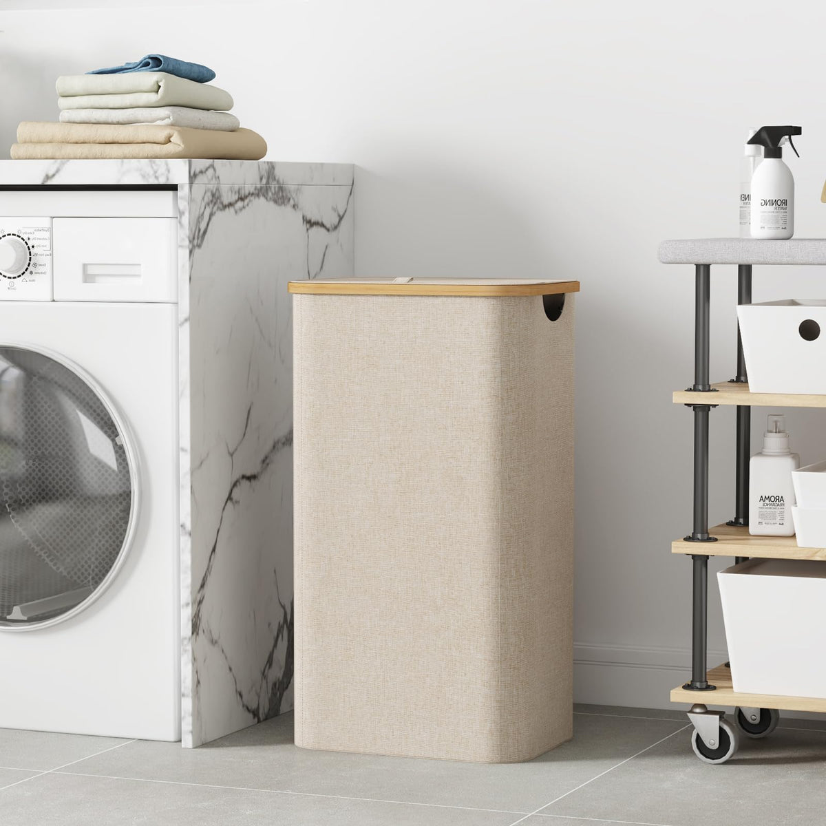 Lifewit 105L Large Laundry Basket with Lid, Removable Bags, Beige | Foldable Laundry Hamper with Bamboo Handles, Tall Laundry Bin, Dirty Clothes Hamper for Laundry Room, Bedroom, Bathroom, Dorm