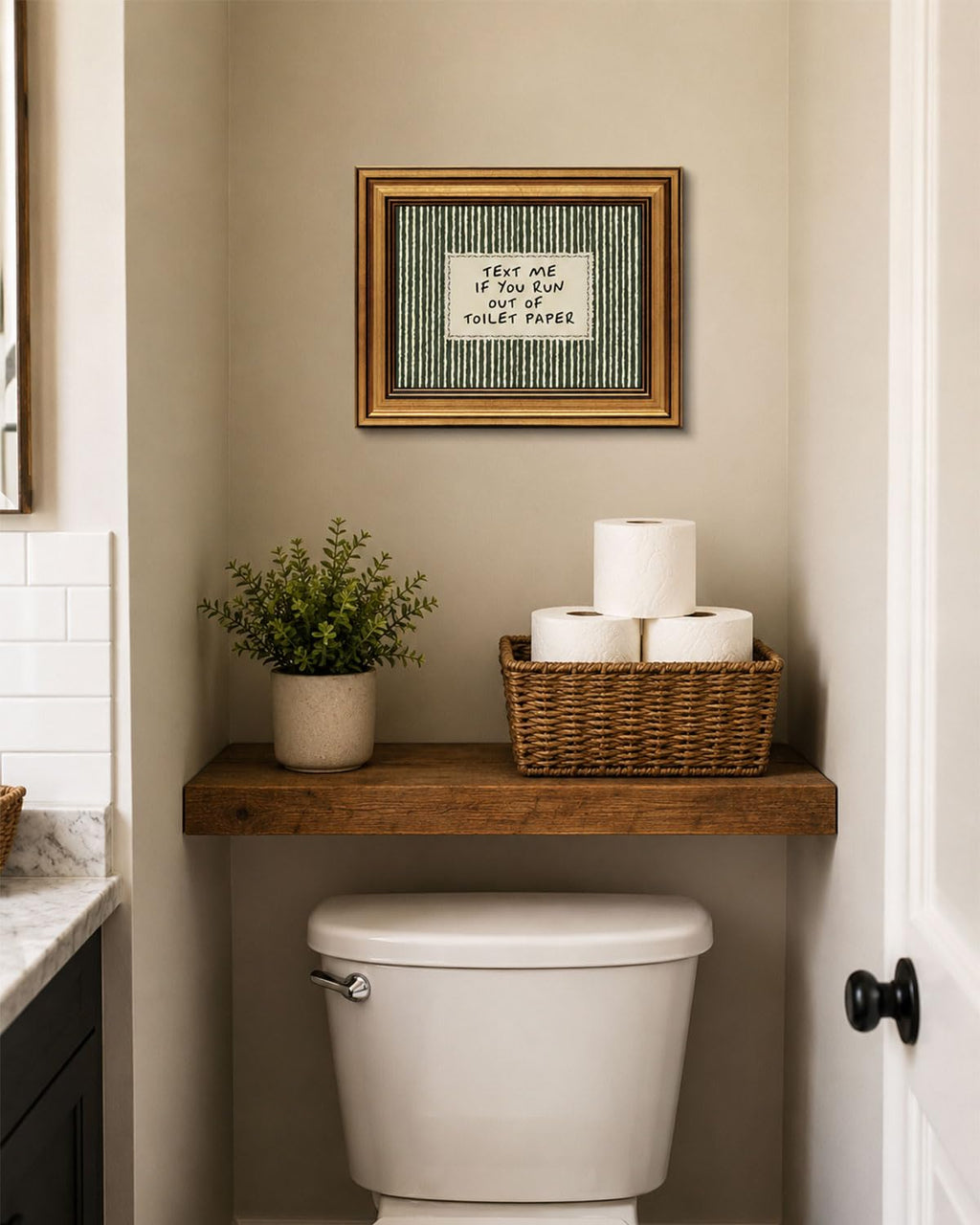 Gold Framed Wall Art, Funny Bathroom Canvas Prints, Text Me If You Run Out Of Toilet Paper Picture Wall Decor, Striped Humorous Decor for Bathroom Toilet Restroom 9x11 inch