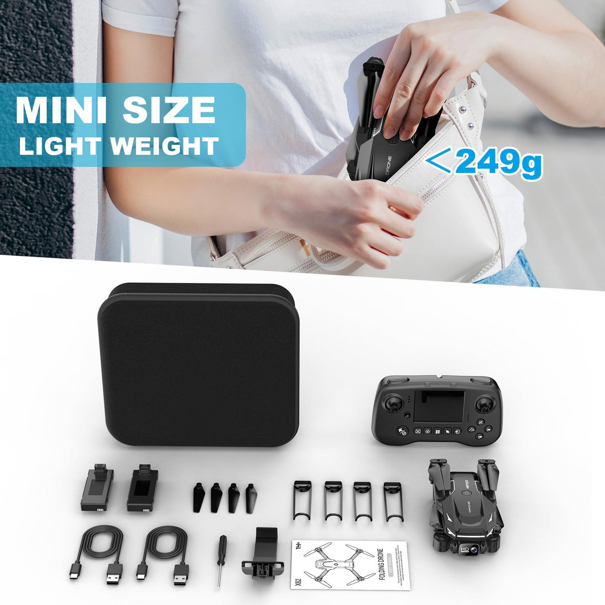 Drone with Camera, Screen on Controller Remote Control Quadcopter FPV Drone | Drone with Built-in Screen Controller for Beginners, Foldable, Gesture Control, 3D Flip, One-Key Start, and Emergency Stop