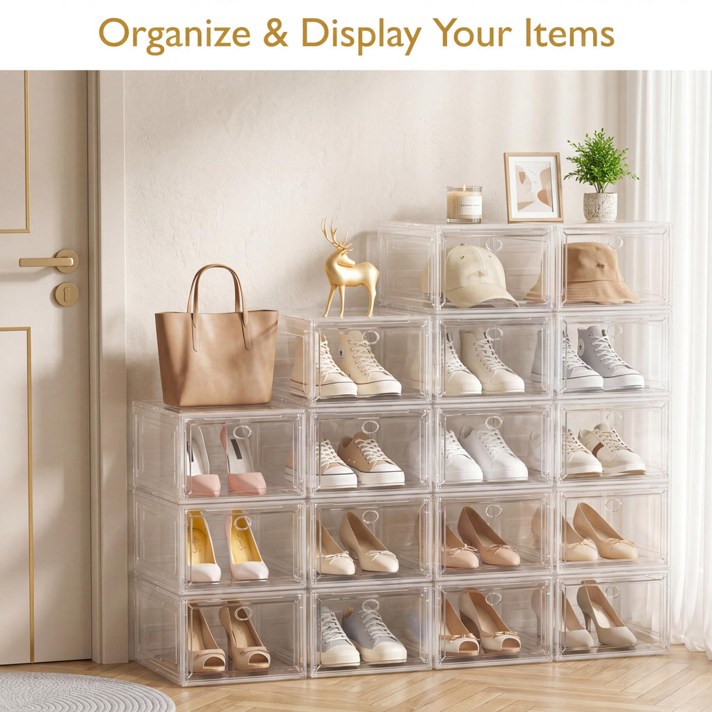 Sturdy Clear Shoe Organizer with Magnetic Door, Stackable Shoe Storage Box | Thick Plastic Shoe Storage for Sneakers & Boots, Collapsible Closet Shoe Rack and Clear Shoe Box, 6 Pack White