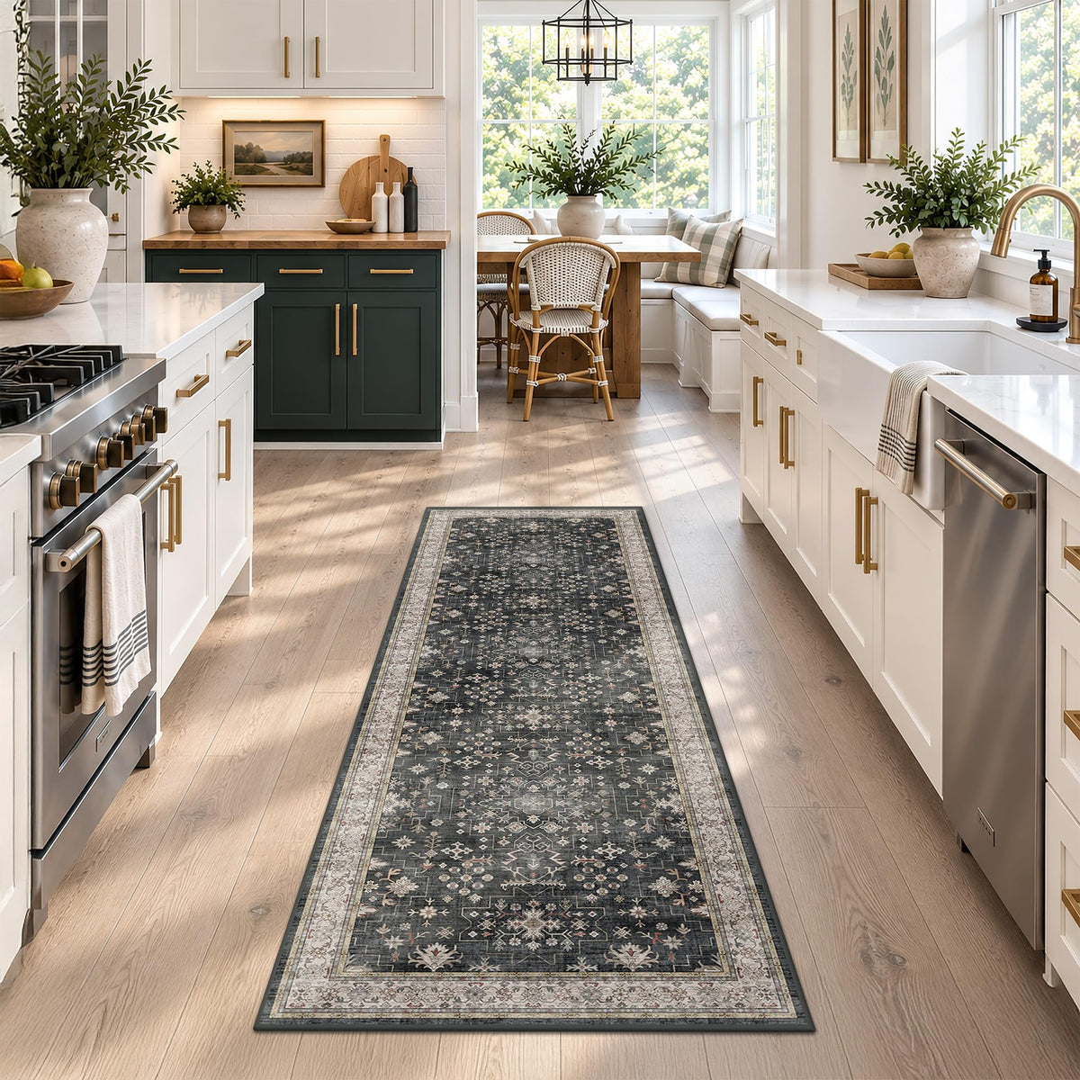 Black Boho Washable 2x6 Runner Rugs for Hallway Kitchen Bedroom Beside Laundry Room Bathroom Rug, Pet & Kids Friendly, Non Slip Low Pile Stain Resistant Soft Foldable Long 24 x 72 Floor Carpet