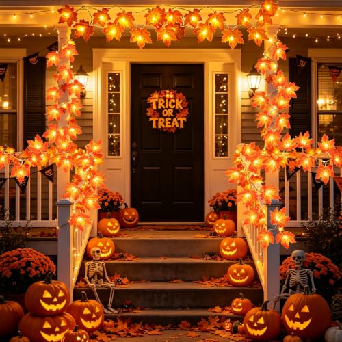 Fall Decor 2 Pack Fall Garland with Lights Enlarged Maple Leaves 20Ft 40LED | Halloween Thanksgiving Decorations, Battery Operated Waterproof Autumn String Lights Indoor Outdoor Fall Decorations for Home
