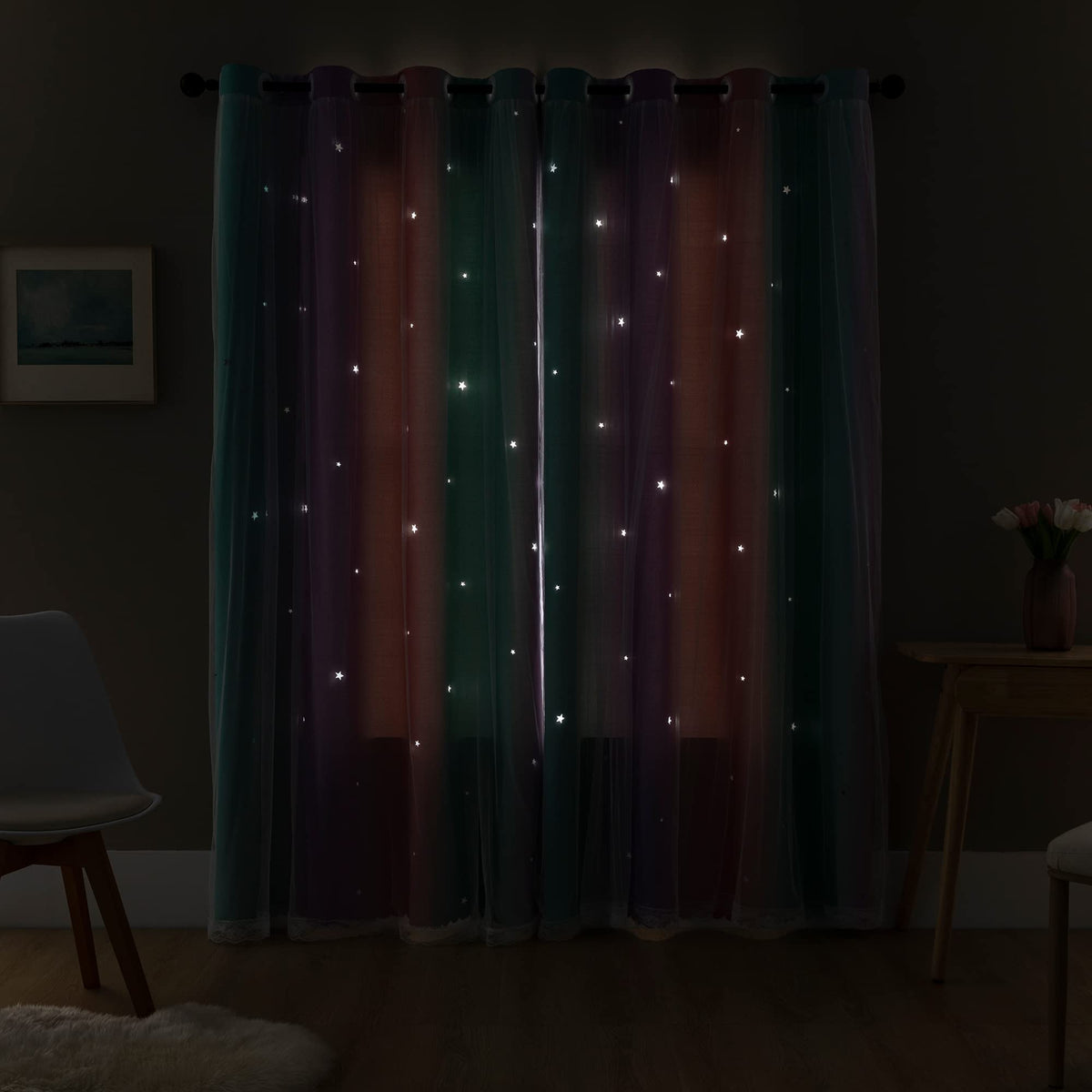 XiDi Curtains for Girls Bedroom Decor, Rainbow Blackout Curtains for Kids/Little Girl Room Decor, Unicorn Wall Decals,Pink Purple Green,63 x 34 inches,1 Panel