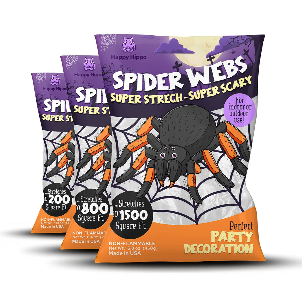 Happy Hippo Halloween Spider Web Decoration, 200 Square Feet & Plastic Spiders, Halloween Party Supplies, Spider Webs (Small, 200 Sq Feet) (8 Fake Spiders Included)