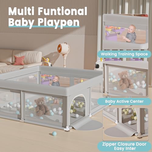 Hiaksedt Baby Playpen 50x50 Inch, Play Pens for Babies and Toddlers | Baby Fence for Indoor & Outdoor, Sturdy Safety Play Yard with Soft Breathable Mesh, Anti-Fall, Grey