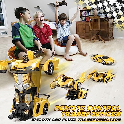 Britik Transform Remote Control Car Toys for Boys 4-6, Drift RC Car Yellow | Transform Cars, Gift for Boy Ages 4-12 Years Old, One-Button Transforming, 360° Rotation, 2.4GHZ 1:18 Scale, Robot Toy Car