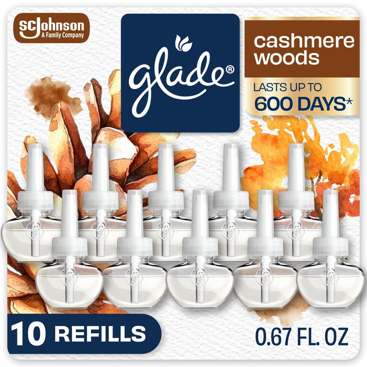 Glade PlugIns Air Freshener Refills, Cashmere Woods, 10 Count | 0.67 fl oz Each, Includes 10 Refills, Scented and Essential Oils for Home and Bathroom Use, Fits Glade PlugIn Warmer