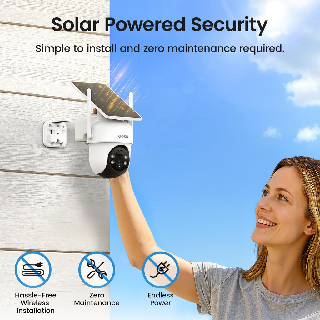 aosu D1 Classic 4-Cam Kit, Security Cameras Wireless Outdoor, Solar Powered | No Subscription Required, 32GB Built-in Storage, 360° Auto Tracking, 2K (3MP) Full-Color Night Vision, Easy Install