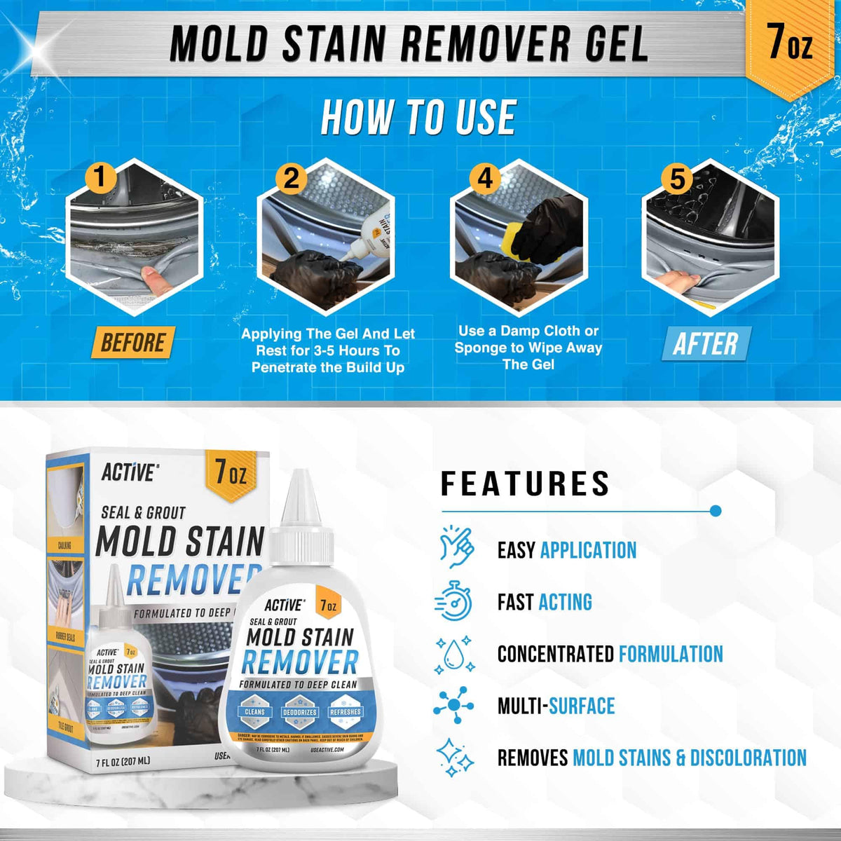 ACTIVE Mold Stain Remover Gel Cleaner Heavy Duty Stain Cleaner for Front Loader Washing Machine Seal, Bathroom Grout, Shower, Caulk - Front Load Washer Cleaning Solution - 7 Fl Oz