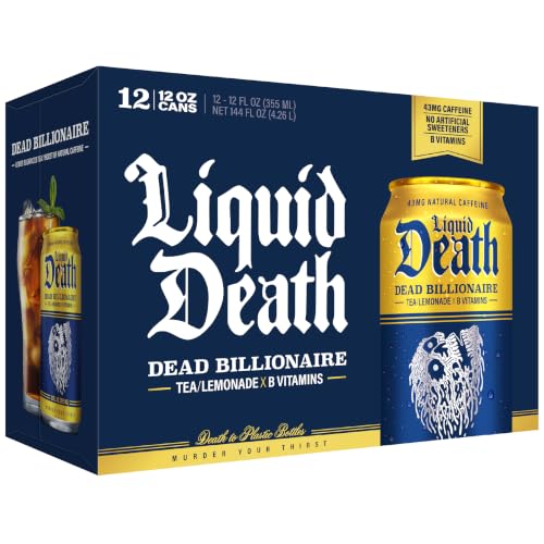 Liquid Death Iced Tea - Dead Billionaire (Black Tea/Lemonade), Less Sugar*, Boost of Caffeine, B Vitamins, No Artificial Sweeteners, 12 Fl Oz (Pack of 12)