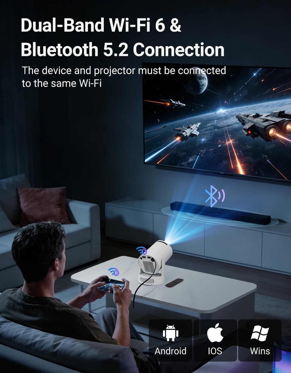 Mini Projector, Portable Projector 4K Support and 5W Speaker | with WiFi 6 & Bluetooth 5.4, 180° Rotatable, Auto Keystone & Manual Focus, Projector with HDM, USB, Phone, Laptop(Ultra)