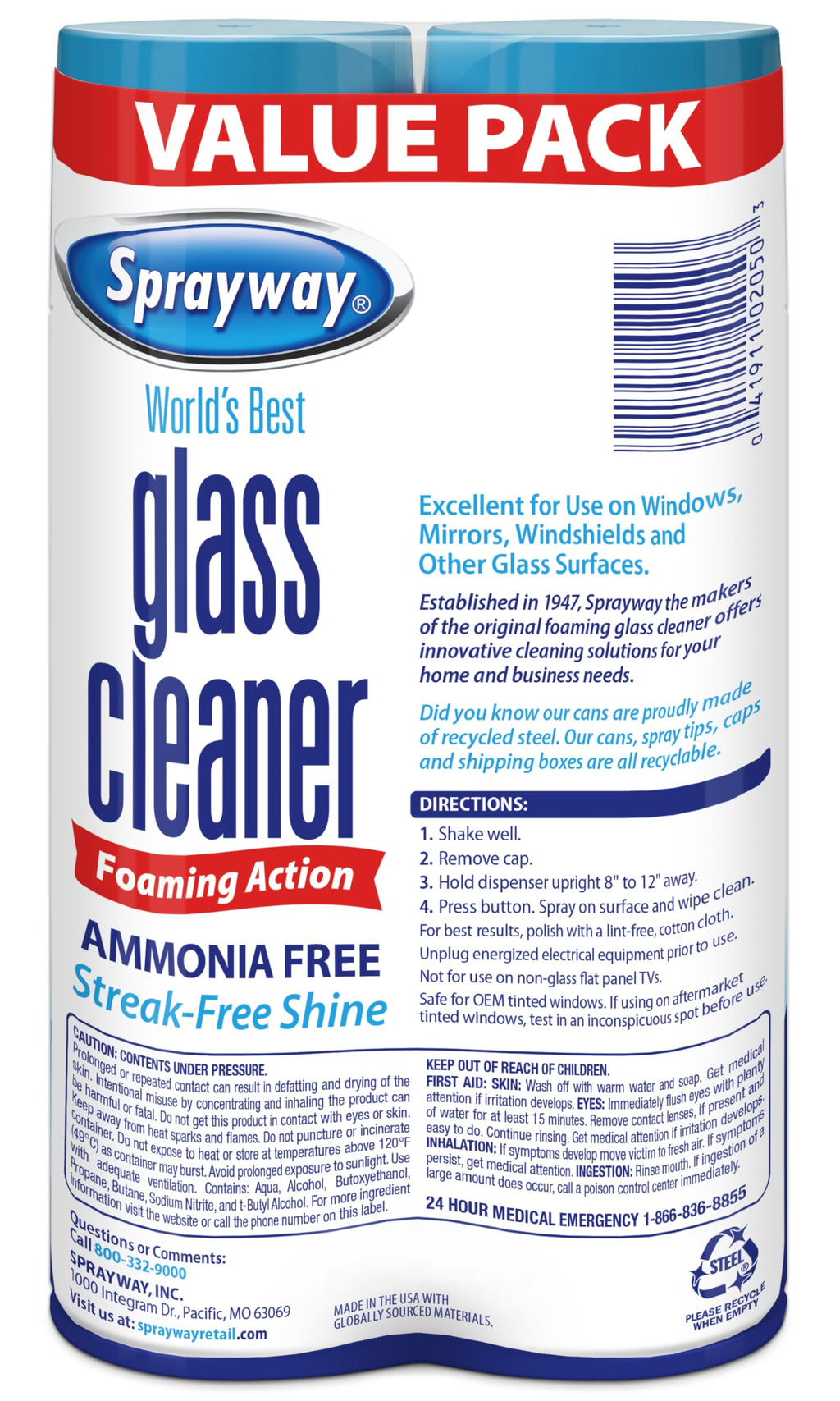 Sprayway Glass Cleaner Foaming Aerosol Spray, 19oz, Pack of 2 | Ammonia-Free, Streakless, Fast-Acting | Cleans & Polishes Glass Surfaces | Fresh Scent, Removes Fingerprints, Dust, Dirt, Smoke Film