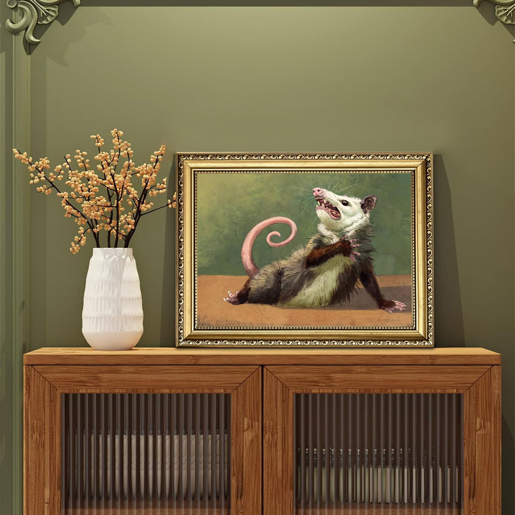 Gold Framed Funny Opossum Wall Art, Whimsical Possum Wall Decor Painting Cute Animal Poster Canvas Prints Picture for Bedroom Living Room 8x10 inch