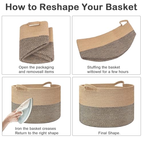 HZFTJOY Large Woven Blanket Basket,65L Cotton Rope Laundry Basket | Collapsible Nursery Storage Bin with Sturdy Handles for Clothes, Toys, Pillows, Living Room Bedroom Bathroom - White & Brown