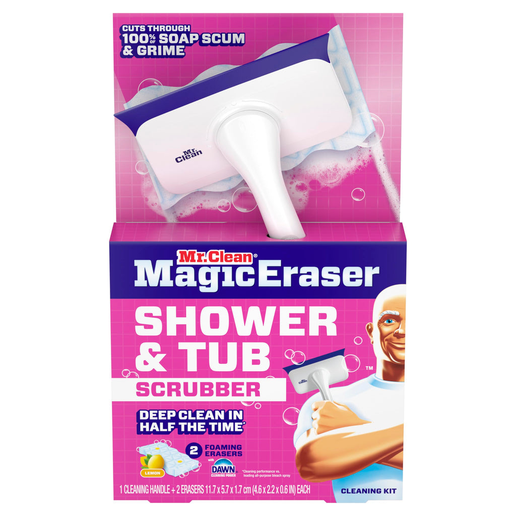 Mr. Clean Magic Eraser Shower & Tub Scrubber, Bathroom Cleaner, All in One Bathroom Cleaner, Lemon Starter Kit, 1 Scrubber & 2 Foaming Magic Erasers