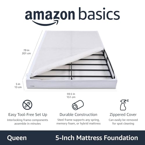 Amazon Basics Smart Box Spring Bed Base, 5-Inch Low Profile Height Mattress Foundation, Sturdy Durable Steel Support, Tool-Free Easy Assembly, Queen, 79" x 59.5" x 5", White