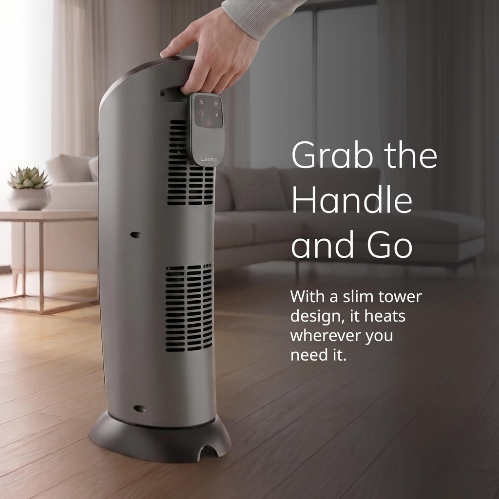 Lasko 23" Ceramic Tower Space Heater with Remote Control - Silver - 751320 | 1500W, Widespread Oscillation, 2 Heat Settings, Portable Tower Heater for Indoor Use and Office, Timer, Overheat Protection