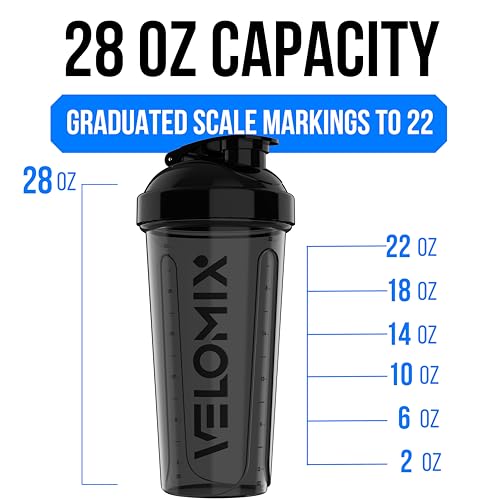 VELOMIX 2 Pack 28oz Protein Shaker Bottle for Protein Mixes, Black/Transpar | 2x Wire Whisk, Leak Proof Shaker Cups for Protein Shakes, Stackable, Dishwasher safe, BPA free, Pre Workout and Fitness ready