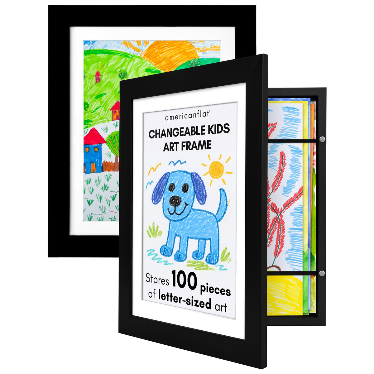 Americanflat 8.5x11 Changeable Kids Art Frame 2-Pack - Black | Holds 100 art pieces, magnetic front door, built-in keyholes for wall display, stores finished artwork
