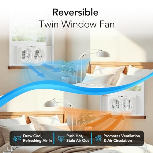 COMFORT ZONE Reversible Twin Window Fan with 3-Speeds & Expandable Width | Draw Cool Air In or Manually Reverse to Pull Warm Stale Air Out, Removeable Bug Screen, ETL Certified for Home and Kitchen