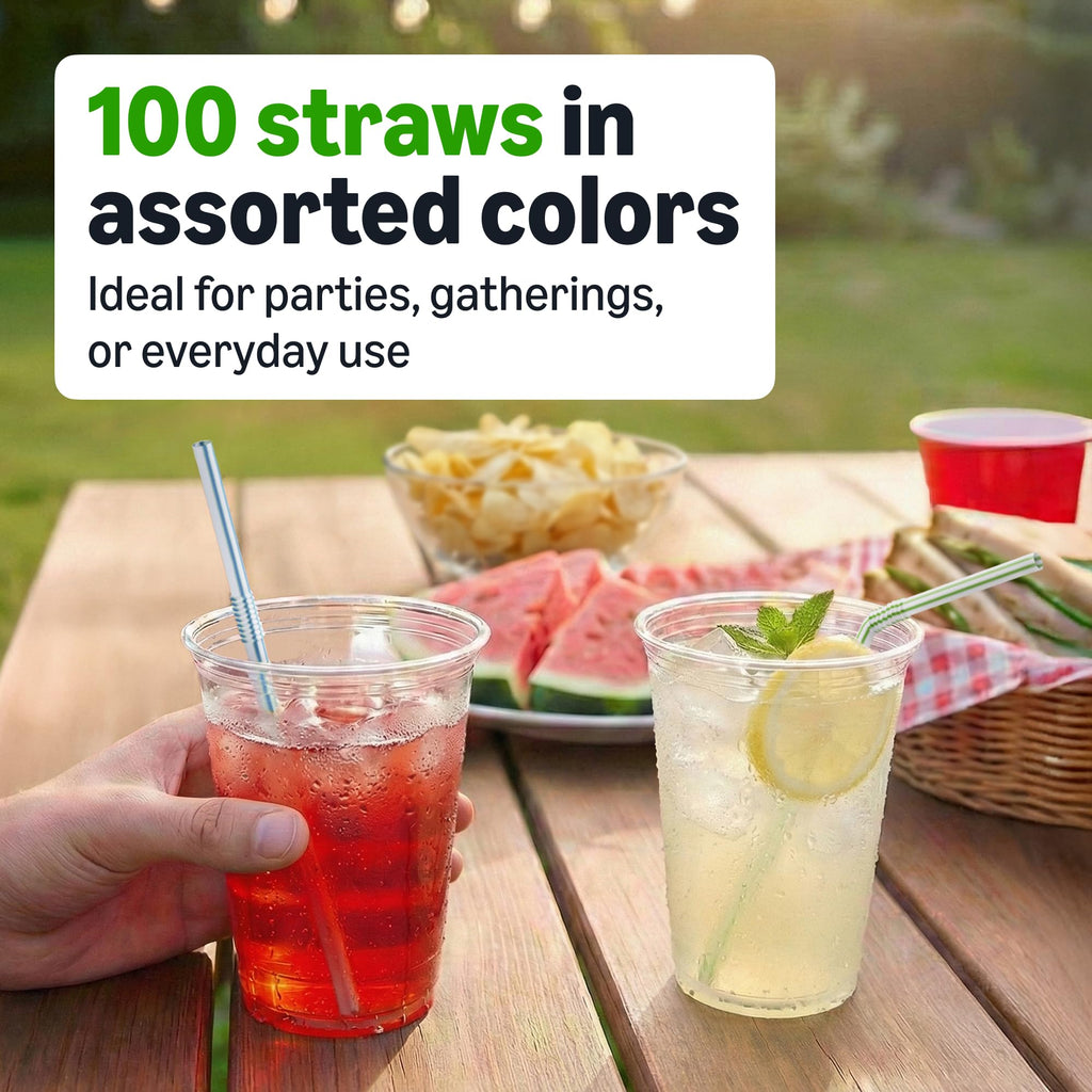 Amazon Basics Disposable Striped Plastic Flex Straws, Assorted Colors, 100 Count, Large Pack, Packaging May Vary