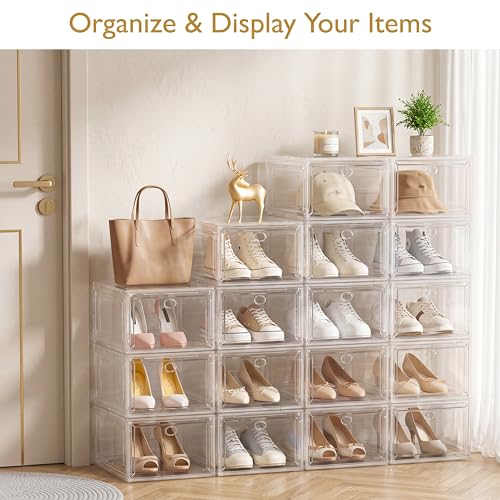 Sturdy Clear Shoe Organizer with Magnetic Door, Stackable Shoe Storage Box | Thick Plastic Shoe Storage for Sneakers & Boots, Collapsible Closet Shoe Rack and Clear Shoe Box, 6 Pack White