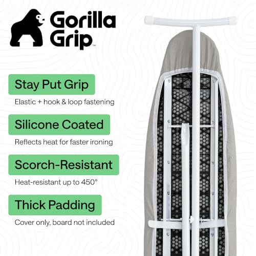 GORILLA GRIP Padded Ironing Board Cover, 15x54 Silver | Silicone Coating, 400°F Scorch and Stain Resistant, Fits Over Standard Size Board, Heavy Duty Hook and Loop Fastener Strap