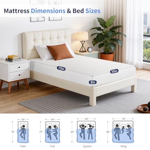 FDW | 8 Inch Twin Mattress | Medium Firm | Gel Memory Foam | White | Dual Construction | Pressure Relief, Cooling Foam, Removable and Washable Cover | Bed in a Box, CertiPUR-US Certified