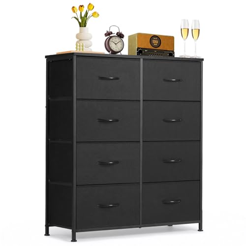 8-Drawer Dresser for Bedroom, Anti-Tip Tall Storage Organizer | Chest of Drawers with Wooden Top and Metal Frame Fabric Bins for Closet, Living Room, Hallway, Entryway, Black