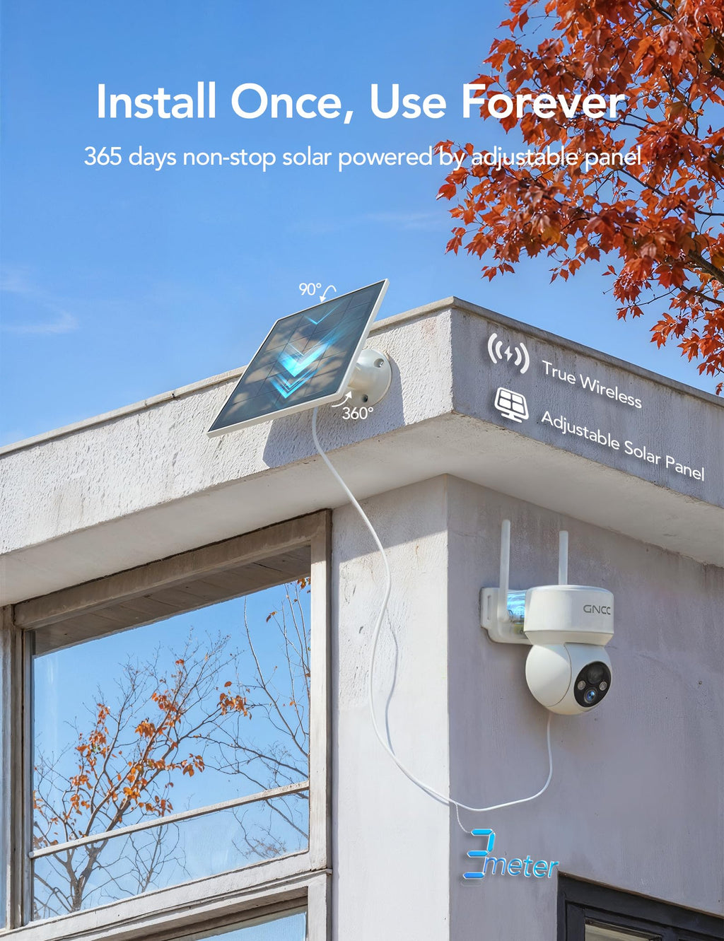 GNCC Solar Security Cameras Wireless Outdoor 2.4G WiFi, SD/Cloud Storage | Solar & Battery 360° Security Cameras, Color Night Vision, PIR Motion Detection, Spotlight & Siren Alarm, IP65 Waterproof