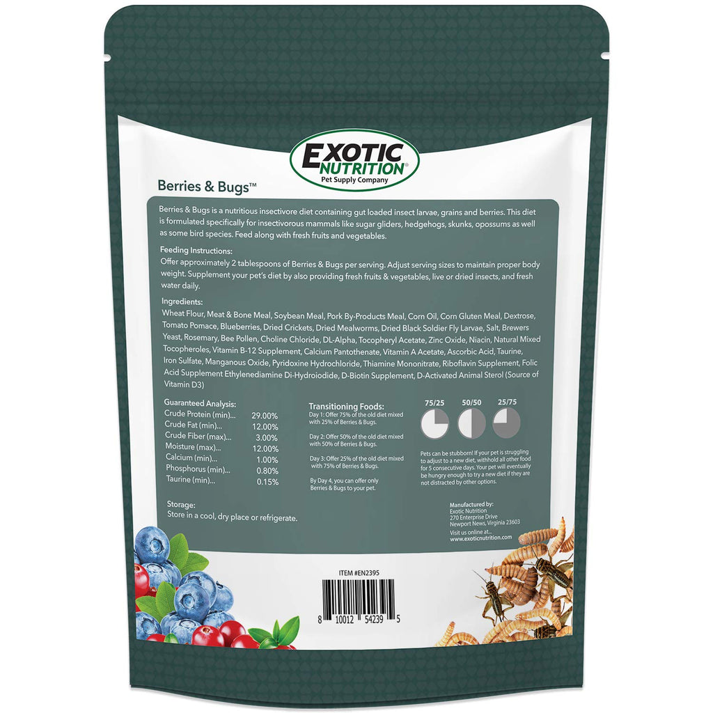 Berries & Bugs 1.5 lb - All Natural High Protein High Fiber Food for Hedgehogs, Skunks, Opossums, Sugar Gliders - Universal Insectivore Diet with Fruit, Gut-Loaded Insects, & Healthy Vitamins