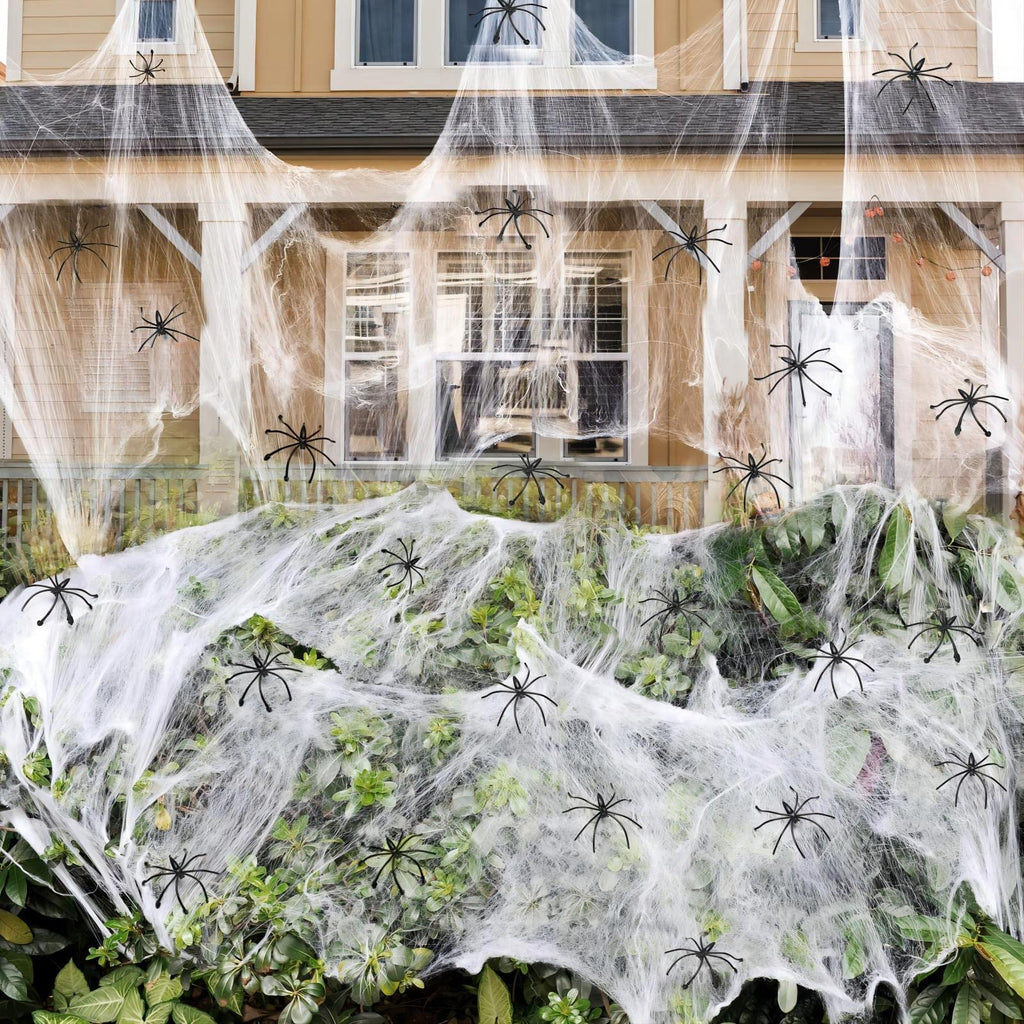 1000 sqft Spider Webs Halloween Decorations with 77 Fake Spiders | Super Stretch Cobwebs for Halloween Indoor and Outdoor Decor