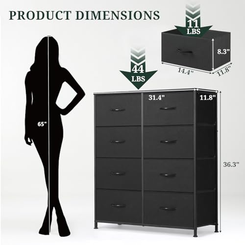 8-Drawer Dresser for Bedroom, Anti-Tip Tall Storage Organizer | Chest of Drawers with Wooden Top and Metal Frame Fabric Bins for Closet, Living Room, Hallway, Entryway, Black