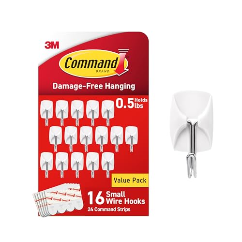 Command Small White Wire Hooks, 16 Hooks, 24 Strips | Damage-Free Hanging with Adhesive No Tools Wall Hooks for Hanging Decorations in Living Spaces, Holds up 0.5 lb