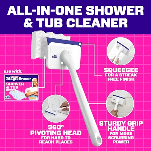 Mr. Clean Magic Eraser Shower & Tub Scrubber, Bathroom Cleaner, All in One Bathroom Cleaner, Lemon Starter Kit, 1 Scrubber & 2 Foaming Magic Erasers