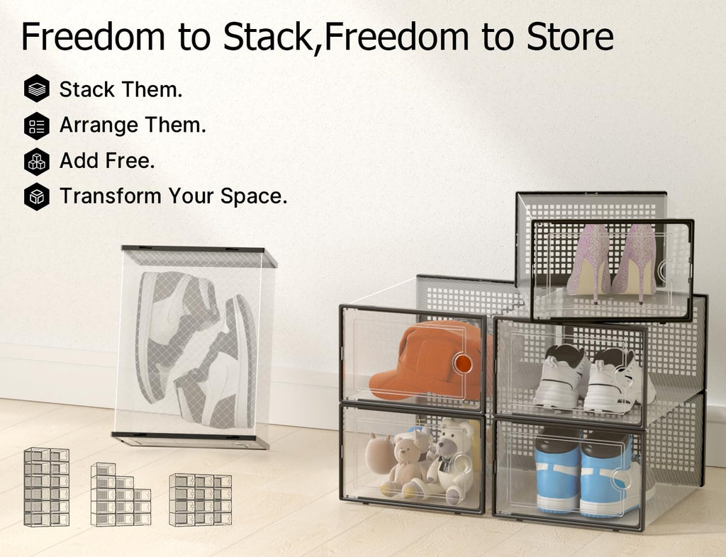 Kuject X-Large Shoe Storage Boxes 12 Pack, Clear Stackable Shoe Organizer | Drop-Front Space-Saving Shoe Cases for Closet, Entryway & Under-Bed Storage, Family Organizer,Black