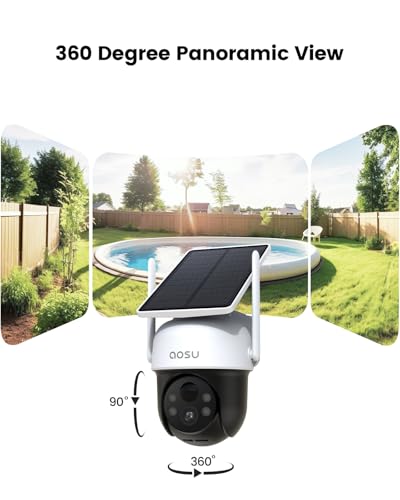 aosu Solar Camera Outdoor Wireless for Home Surveillance,Fixed Solar Panel | Easy to Set up,360° Full Coverage,Auto Person Tracking,2K Clarity&Full-Color Night Vision,Two-Way Talk,2.4GHz WiFi only