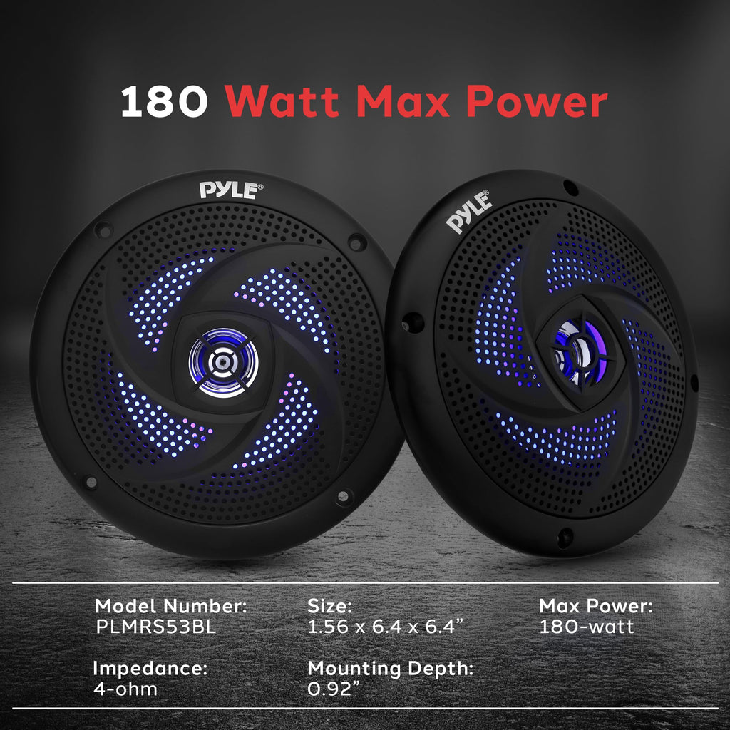Pyle Marine Speakers -5.25 Inch 2 Way Waterproof and Weather Resistant Outdoor Audio Stereo Sound System with LED Lights,180 Watt Power and Low Profile Slim Style -1 Pair -PLMRS53BL (Black)