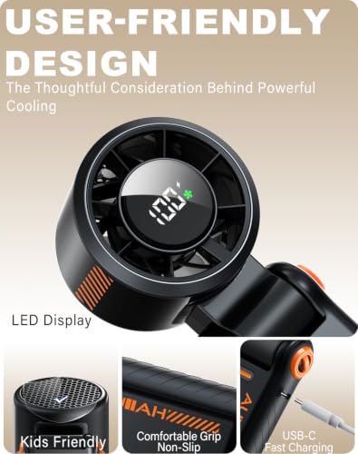 AUIIAH Portable Handheld Turbo Fan - 5 Speed Mini Personal Fan with Strong Airflow, Foldable 3 in 1 Rechargeable Battery Operated Trave Essentials Hand Fans for Indoor/Outdoor Use, Black