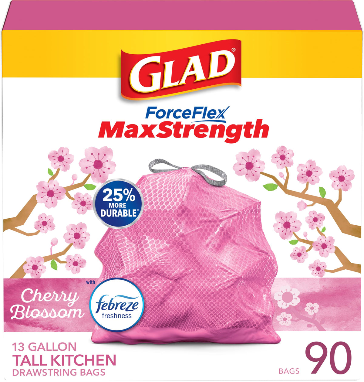 Glad ForceFlex MaxStrength Tall Kitchen Trash Bags, Rip and Tear Resistant, Cherry Blossoms Scented Pink Tall Garbage Bags, Odor Control, Febreze Freshness, 13 Gallon, 90 Count