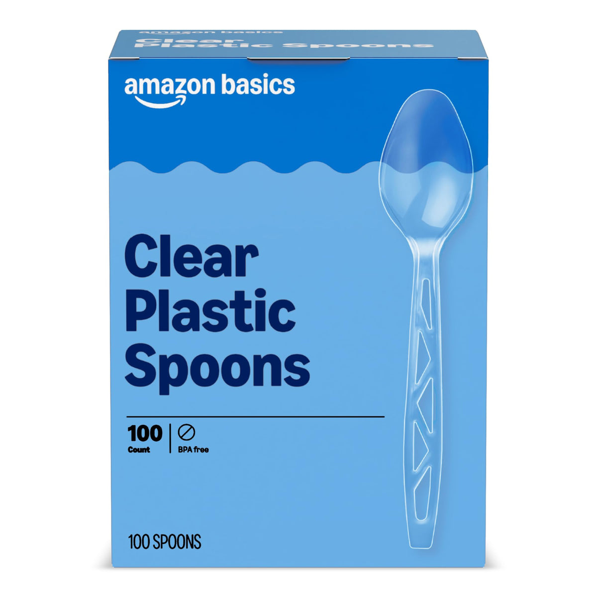 Amazon Basics Disposable Clear Plastic Spoons, Premium Quality, 100 Count, Large Pack, Packaging May Vary