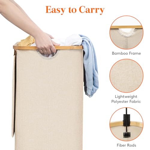 Lifewit 105L Large Laundry Basket with Lid, Removable Bags, Beige | Foldable Laundry Hamper with Bamboo Handles, Tall Laundry Bin, Dirty Clothes Hamper for Laundry Room, Bedroom, Bathroom, Dorm
