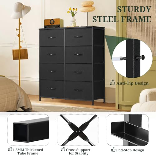 8-Drawer Dresser for Bedroom, Anti-Tip Tall Storage Organizer | Chest of Drawers with Wooden Top and Metal Frame Fabric Bins for Closet, Living Room, Hallway, Entryway, Black