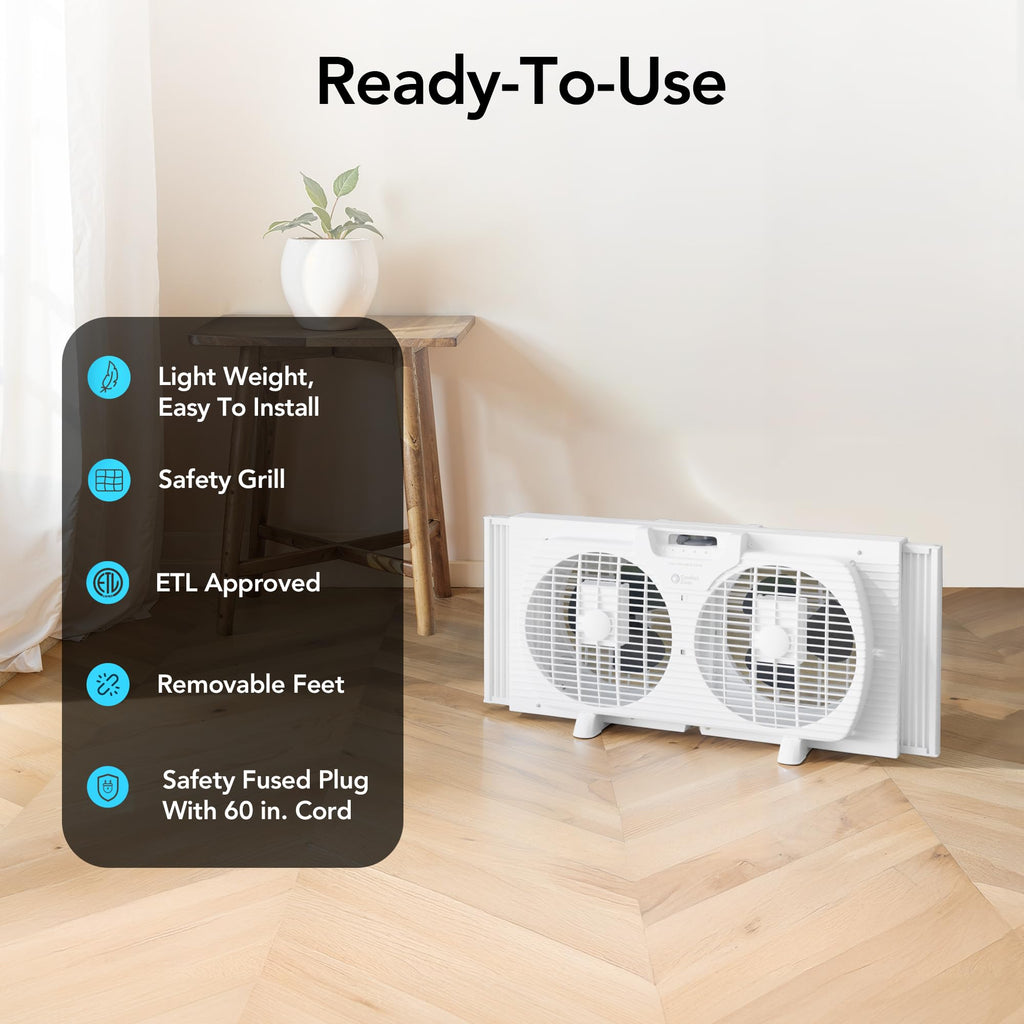 COMFORT ZONE Reversible Twin Window Fan with 3-Speeds & Expandable Width | Draw Cool Air In or Manually Reverse to Pull Warm Stale Air Out, Removeable Bug Screen, ETL Certified for Home and Kitchen