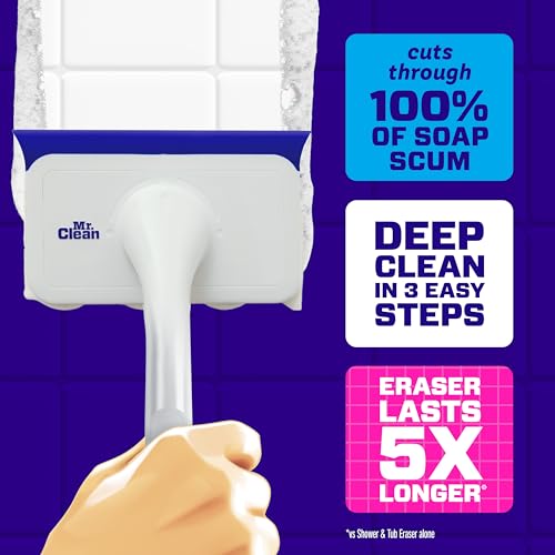 Mr. Clean Magic Eraser Shower & Tub Scrubber, Bathroom Cleaner, All in One Bathroom Cleaner, Lemon Starter Kit, 1 Scrubber & 2 Foaming Magic Erasers