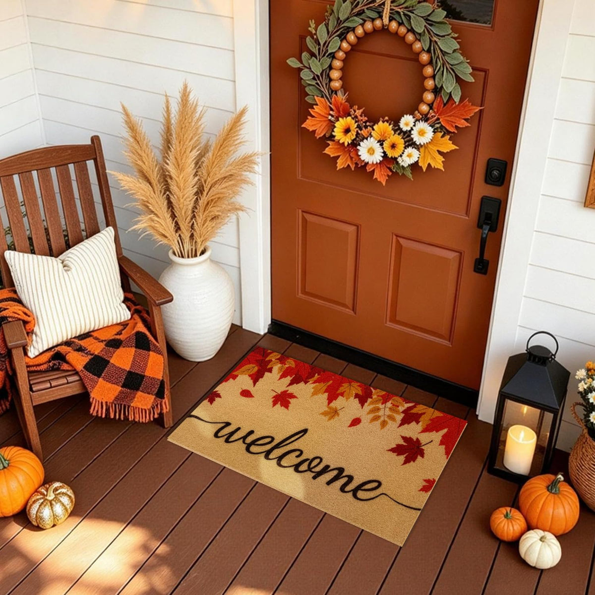 PKFEDR Fall Door Mat, Non Slip Front Welcome Mat Outdoor Indoor 17"x30" | Heavy Duty Washable Doormat Traps Mud, Low Profile Anti Slip Backing, Adds Cozy Fall Decor to Your Entrance Patio & Porch